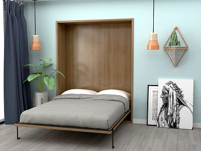 Double Bed with Wooden Headboard in Light Blue Bedroom Gray Bedding Potted Plant Hanging Lights 3d model