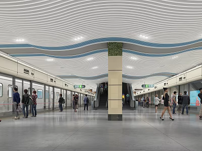 Modern Subway Station with Curved White Ceiling Marble Column and Escalators Busy with Commuters 3d model
