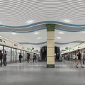 Modern Subway Station with Curved White Ceiling Marble Column and Escalators Busy with Commuters
