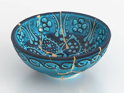 Blue Patterned Tableware Set With Cracked Design And Gold Repair Lines 3d model