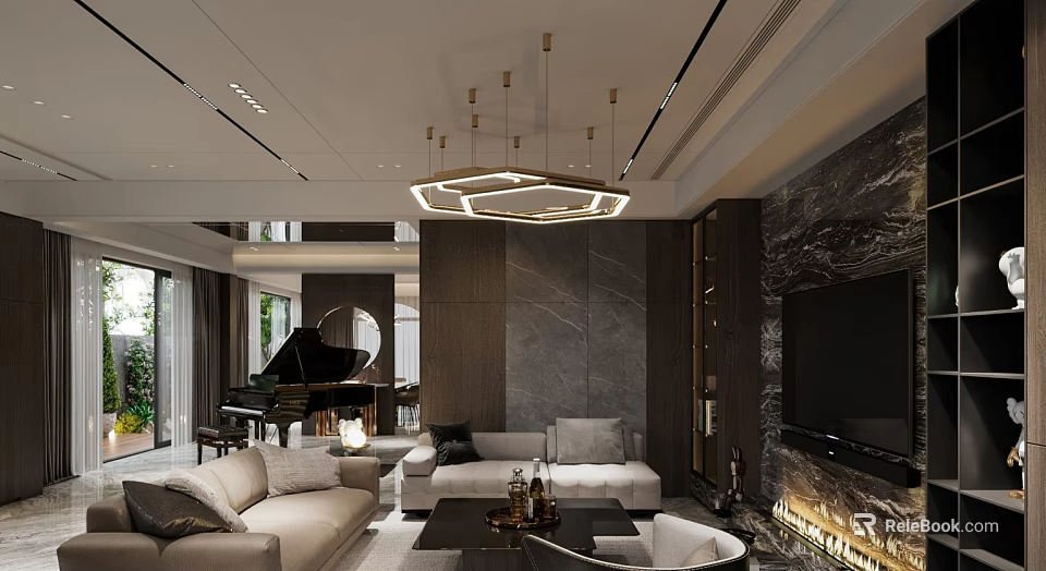 Elegant Modern Open Concept Living And Dining Room With Chandelier Sofa Marble Wall Piano TV 3d model 