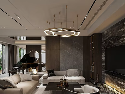 Elegant Modern Open Concept Living And Dining Room With Chandelier Sofa Marble Wall Piano TV 3d model