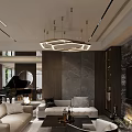Elegant Modern Open Concept Living And Dining Room With Chandelier Sofa Marble Wall Piano TV