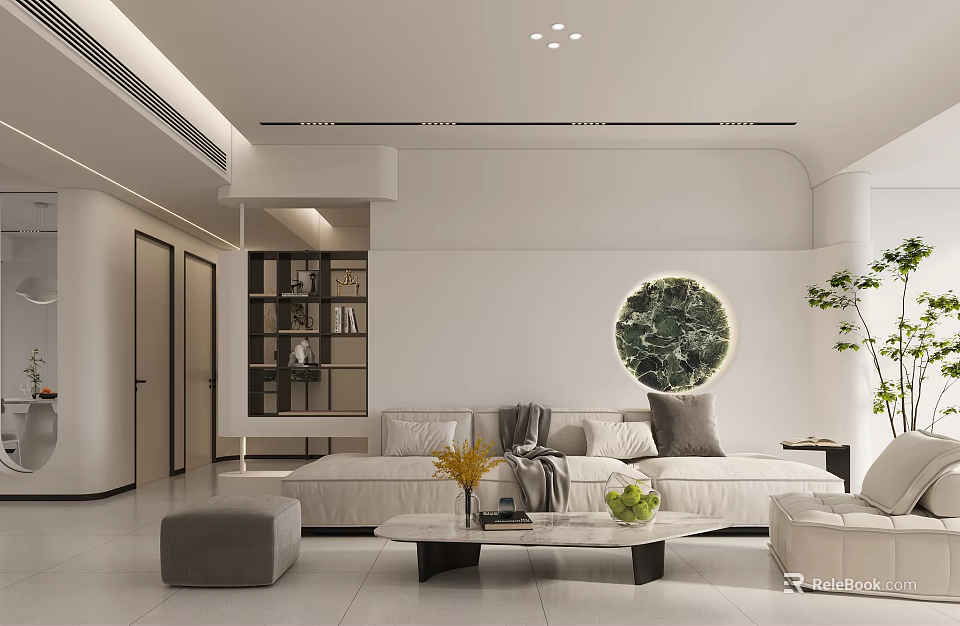Modern Living Dining Room Interior Design With Sofa Coffee Table Round Wall Art Green Plants 3d model 