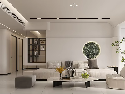 Modern Living Dining Room Interior Design With Sofa Coffee Table Round Wall Art Green Plants 3d model