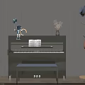 Musical Instruments And Art Supplies In Modern Interior With Green Piano Bench And Music Sheet