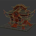 Cartoon Scenery of Traditional Chinese Building with Red Multi Layered Roofs Curved Eaves and Lanterns