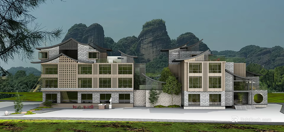 Traditional Modern Boutique Hotel Building With Mountain Backdrop Stone Walls And Large Windows 3d model 