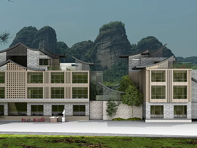Traditional Modern Boutique Hotel Building With Mountain Backdrop Stone Walls And Large Windows 3d model