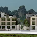 Traditional Modern Boutique Hotel Building With Mountain Backdrop Stone Walls And Large Windows
