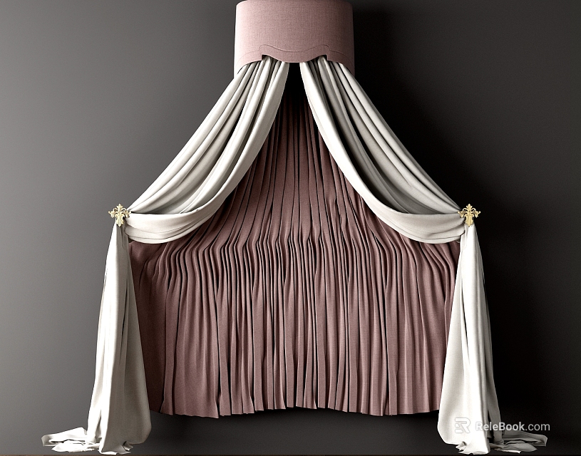 Elegant Pink and White Bed Canopy with Golden Accents in Bedroom 3d model 