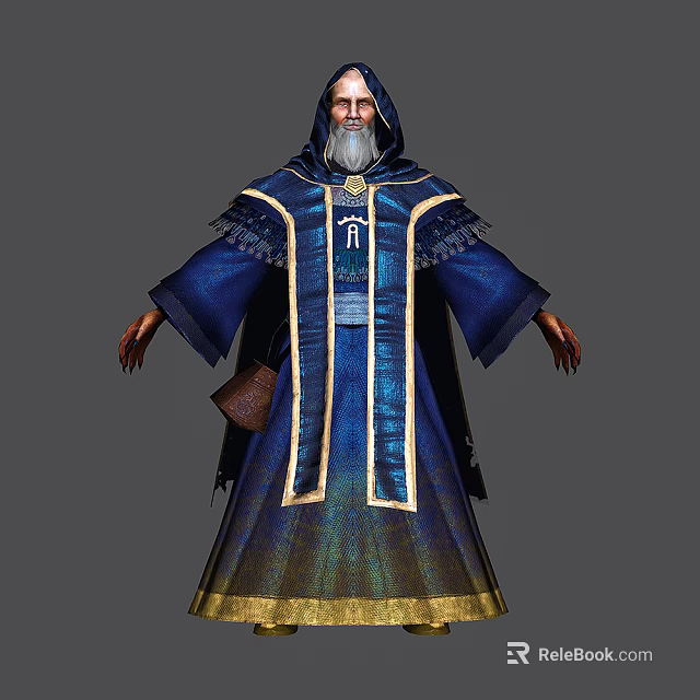 Game Movie Wizard Character in Blue Robe with Golden Trim White Beard and Cross Emblem 3d model 