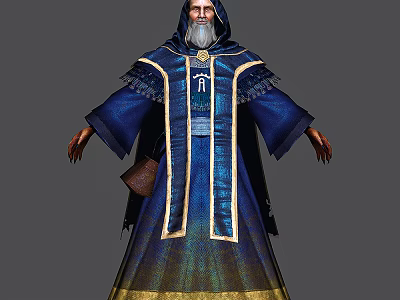 Game Movie Wizard Character in Blue Robe with Golden Trim White Beard and Cross Emblem 3d model