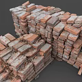 Stacked Red Bricks Piled On Wooden Pallets With Dirt And Debris