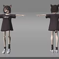 Anime Character In Black T-Shirt With Cat Ears And Tail Front Back View Arms Outstretched