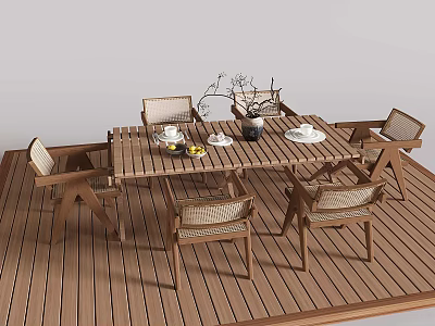 Outdoor Wooden Table And Chair Set With Wicker Backrests And Dinnerware On Terrace 3d model