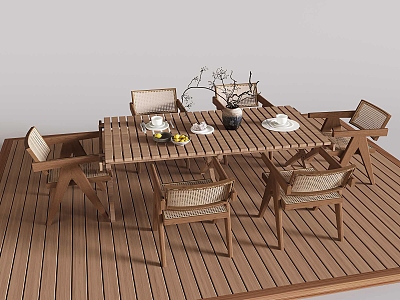 Rattan Wooden Casual Tables and Chairs Outdoor Tables and Chairs Pot Dried Flowers 3d model