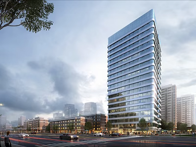 Modern Office Building With Glass Facade In Urban City Skyline Street View 3d model