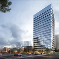 Modern Office Building With Glass Facade In Urban City Skyline Street View