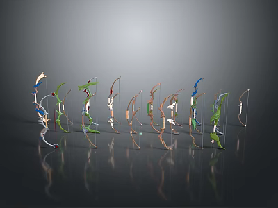 Different Colored Archery Bows With Various Designs Arranged On Dark Background With Reflections 3d model