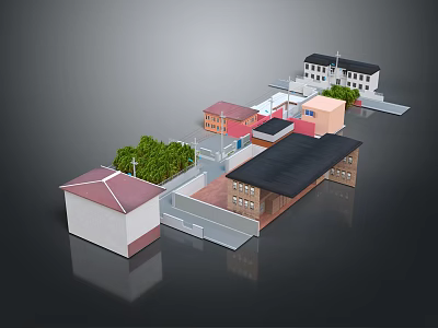 Cartoon Town Scene with Various Colored Roof Buildings Green Trees and Courtyard 3d model