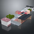 Cartoon Town Scene with Various Colored Roof Buildings Green Trees and Courtyard