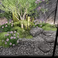 Indoor Courtyard Garden With Glass Enclosure Purple Flowers And Green Plants