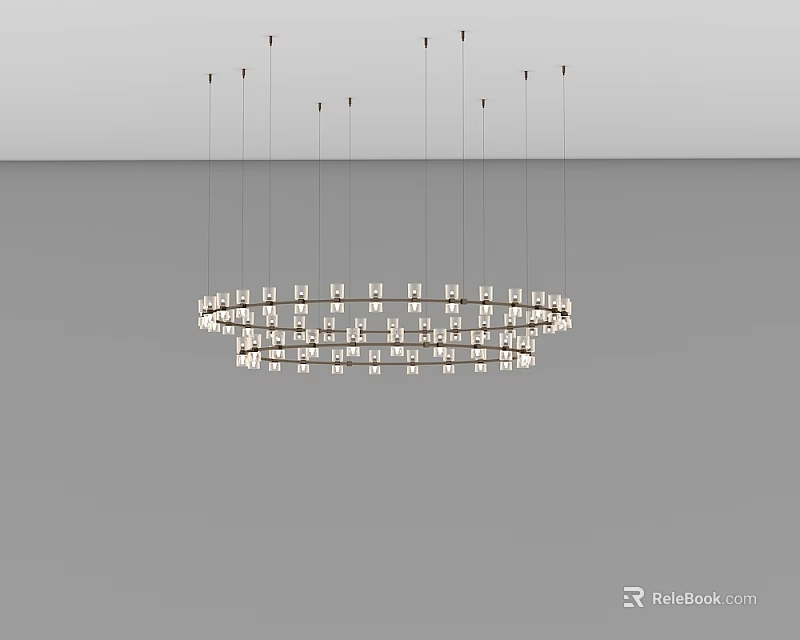 Modern Circular Chandelier With Multiple Rings And Small Lights Hanging In Gray Space 3d model 