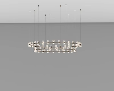 Modern Circular Chandelier With Multiple Rings And Small Lights Hanging In Gray Space 3d model