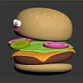 Funny Face Cartoon Hamburger With Lettuce Onion Cheese Patty And Sesame Bun