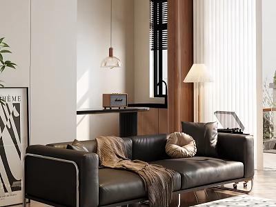 Black Leather Two Seater Sofa in Modern Living Room with Brown Blanket Pillows Floor Lamp 3d model