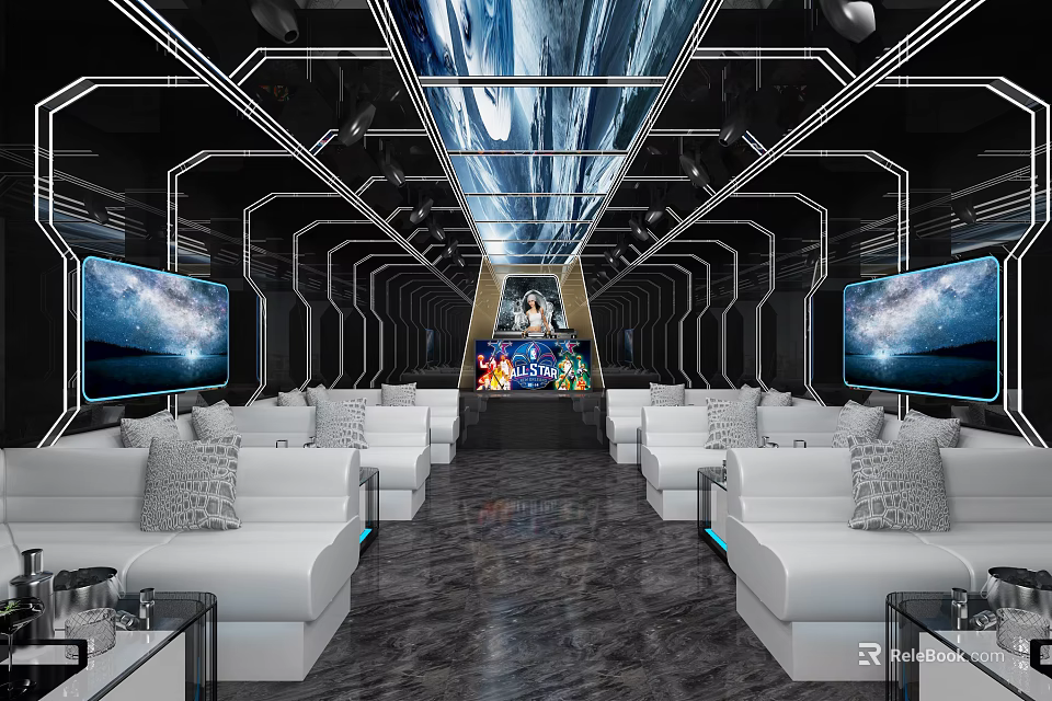 Modern KTV Lounge Interior Design With LED Screens Hi tech Lighting And Comfortable Sofas 3d model