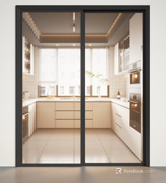 Modern Kitchen Interior Design With Glass Sliding Doors White Cabinets And Countertop 3d model 