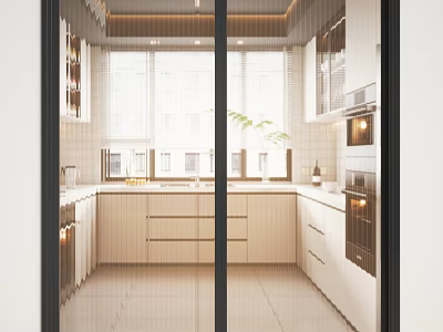 Modern Kitchen Interior Design With Glass Sliding Doors White Cabinets And Countertop 3d model