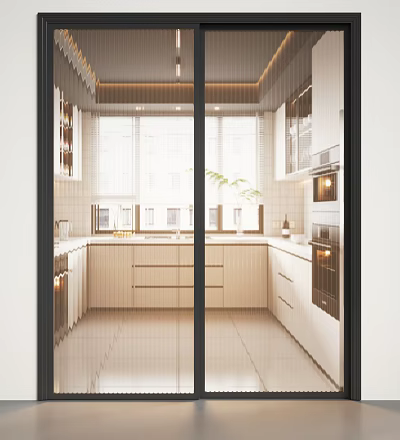 Modern Kitchen Interior Design With Glass Sliding Doors White Cabinets And Countertop 3d model