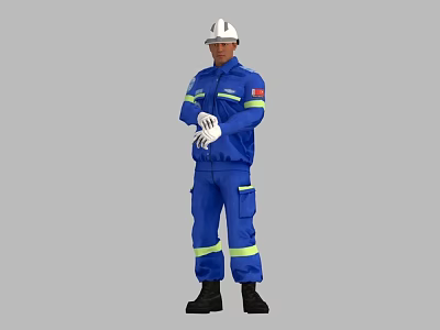 A Man Wearing White Safety Helmet And Blue Work Uniform With Reflective Strips 3d model