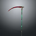 Decorative Scythe Weapon With Red And Black Blade Green Patterned Long Handle And Ornate Design