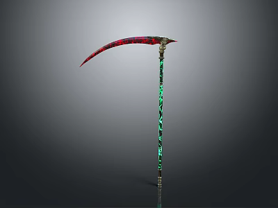 Decorative Scythe Weapon With Red And Black Blade Green Patterned Long Handle And Ornate Design 3d model