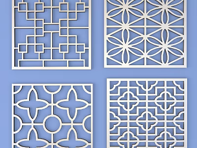 Elegant Lattice Windows With Four Different Carved Patterns On Blue Background 3d model