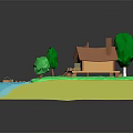 Cartoon Scene Featuring Small Wooden House Green Trees Grass Blue Water Wooden Bridge And Boat