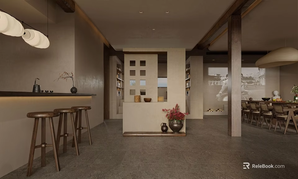 Minimalist Modern Restaurant Interior With Bar Counter Wooden Stools Partition Square Cutouts Red Flowers 3d model 