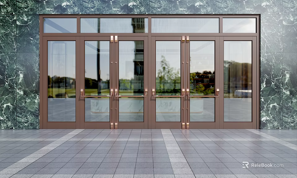 Brown Metal Glass Entrance Doors With Marble Wall And Tiled Floor 3d model 