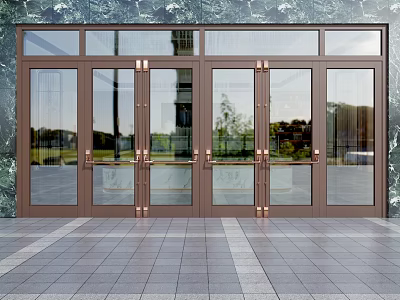 Brown Metal Glass Entrance Doors With Marble Wall And Tiled Floor 3d model