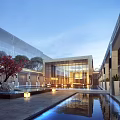 Luxury Modern Sales Office Building Featuring Outdoor Pool Sofa Area Glass Curtain Wall and Landscaping