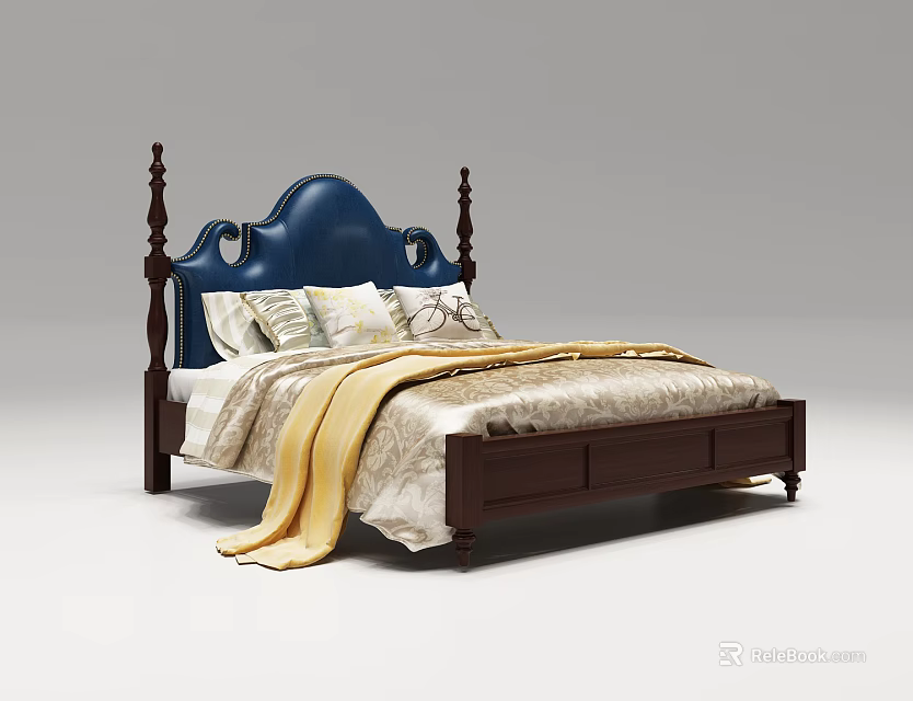 Classic Double Bed With Navy Blue Headboard Wooden Frame And Beige Yellow Bedding 3d model 