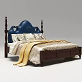 Classic Double Bed With Navy Blue Headboard Wooden Frame And Beige Yellow Bedding