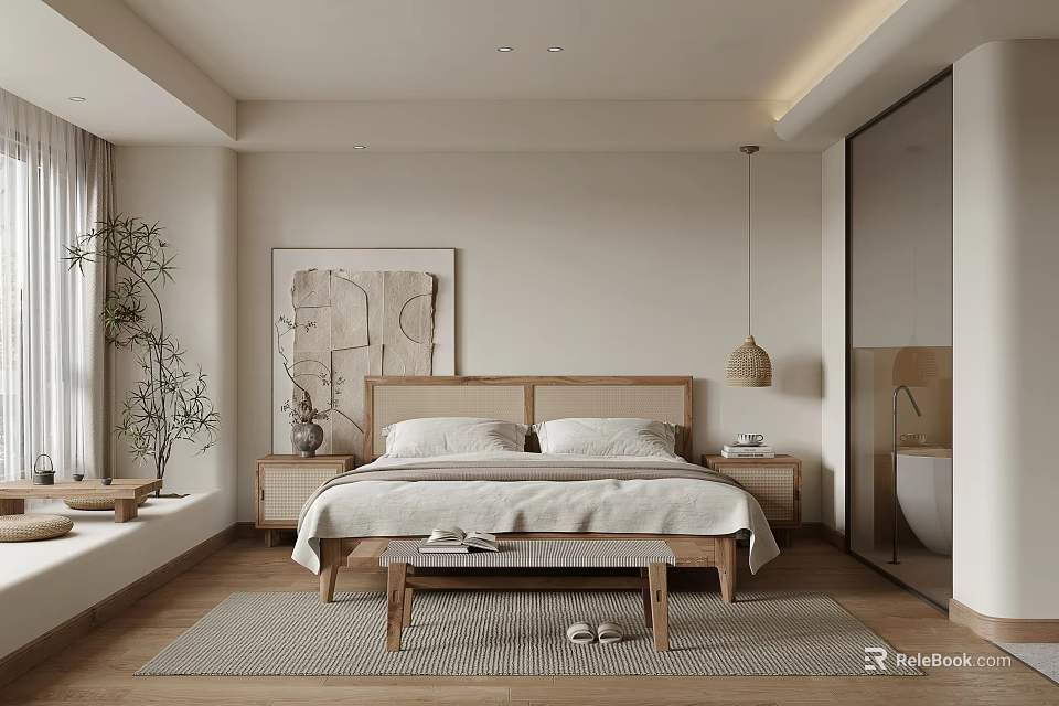 Modern Minimalist Hotel Guest Room Featuring Wooden Headboard Foot Bench Rug Plant And Artwork 3d model 