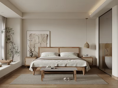 Modern Minimalist Hotel Guest Room Featuring Wooden Headboard Foot Bench Rug Plant And Artwork 3d model