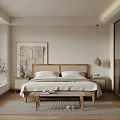 Modern Minimalist Hotel Guest Room Featuring Wooden Headboard Foot Bench Rug Plant And Artwork