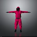Person In Neon Pink Jumpsuit With Hood Circular Opening Arms Outstretched Against Gray Background